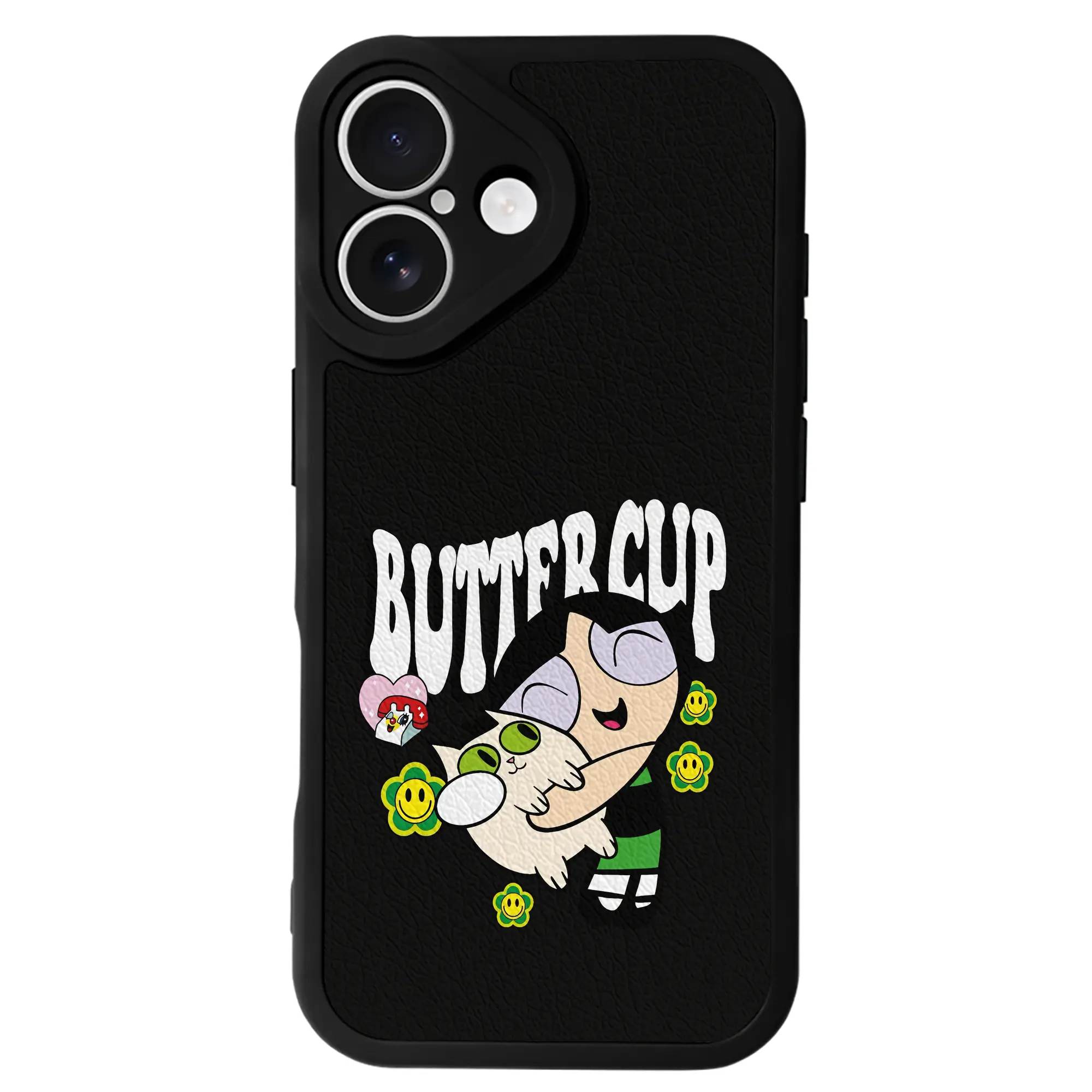 パワパフガールズ グッズ バターカップ - IPhone 16シリーズ対応 ・ シリコンスマホケース ・ レザー調 ・ 高精度フィット ・ 耐衝撃 ・ ワイヤレス充電対応 ・ 精密カット